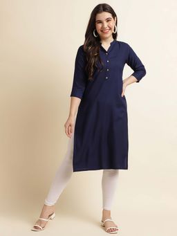 Fabclub - Women Rayon Solid Plain Navy Blue Straight Kurta