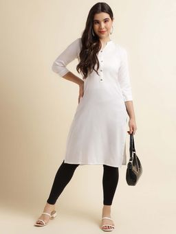 Fabclub - Women Rayon Solid Plain Off White Straight Kurta