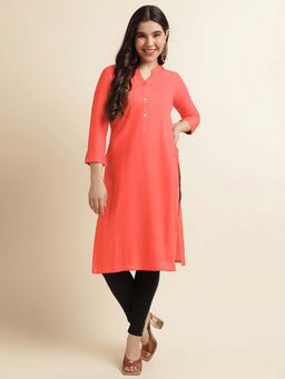 Fabclub - Women Rayon Solid Plain Peach Straight Kurta