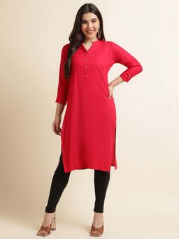 Fabclub - Women Rayon Solid Plain Pink Straight Kurta