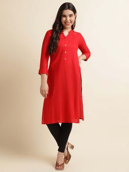 Fabclub - Women Rayon Solid Plain Red Straight Kurta
