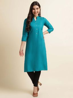 Fabclub - Women Rayon Solid Plain Turquoise Straight Kurta