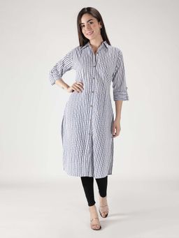 Fabclub - Cotton Striped Straight White Women Kurta