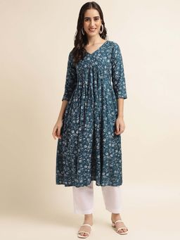 Fabclub - Women Rayon Alia Cut Floral Printed Blue Kurta