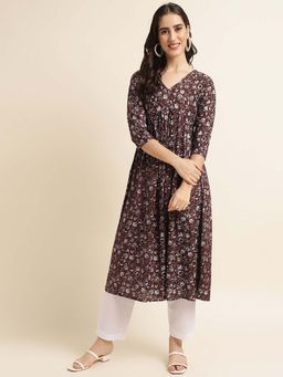 Fabclub - Women Rayon Alia Cut Floral Printed Brown Kurta