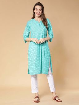 Fabclub - Pure Cotton Printed Straight Kurta Blue