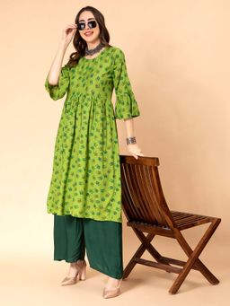 Fabclub - Rayon Floral Printed Green Anarkali Kurta