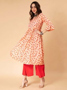 Fabclub - Rayon Floral Printed Peach Anarkali Kurta