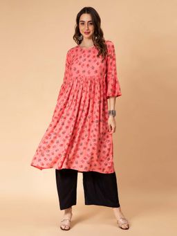 Fabclub - Rayon Floral Printed Anarkali Kurta Pink