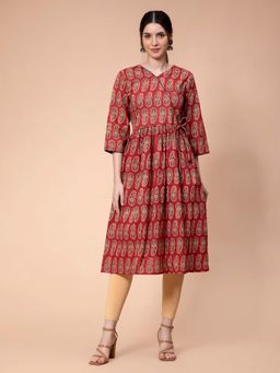 Fabclub - Cotton Ajak Printed Maroon Angarkha Kurta
