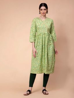Fabclub - Cotton Floral Printed Green Angarkha Kurta