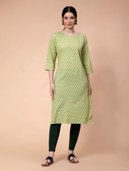 Fabclub - Cotton Floral Printed Straight Kurta (Light Green)