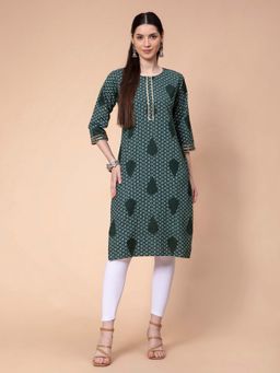 Fabclub - Cotton Printed Straight Women Kurta (Green)