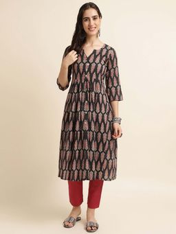 Fabclub - Women Cotton Ajak Katha Design Flared Kurta (Black)
