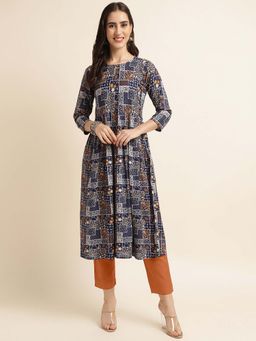 Fabclub - Women Rayon Printed Flared Kurta (Blue)