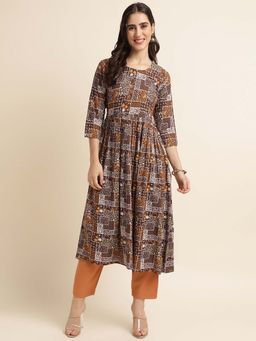 Fabclub - Women Rayon Printed Flared Kurta (Brown)