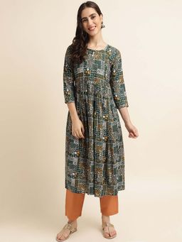 Fabclub - Women Rayon Printed Flared Kurta (Green)