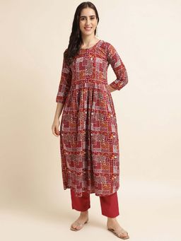 Fabclub - Women Rayon Printed Flared Kurta (Maroon)