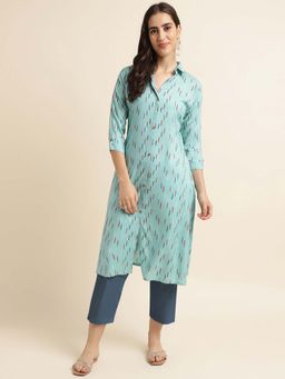 Fabclub - Rayon Printed A-Line Women Kurta (Light Blue)