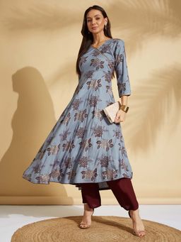 Fabclub - Women Rayon Hand Block Printed Angrakha Kurta