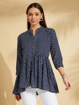 Fabclub - Rayon Printed Women Navy Blue Short Tunic
