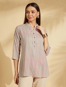 Fabclub - Women Rayon Printed Straight Grey Short Tunic