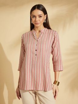 Fabclub - Women Rayon Printed Straight Peach Short Tunic