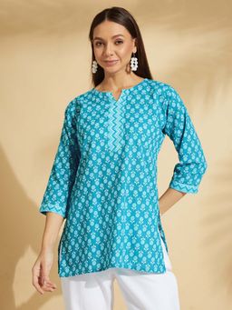 Fabclub - Cotton Floral Printed Straight Women Short Kurti (Light Blue)