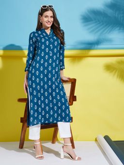 Fabclub - Rayon Floral Printed Straight Women Blue Tunic