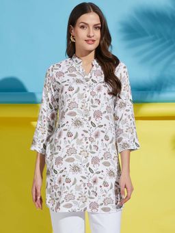 Fabclub - Women Rayon Floral Printed Off White Short Tunic