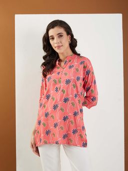 Fabclub - Rayon Floral Printed Straight Women Short Tunic (Pink)