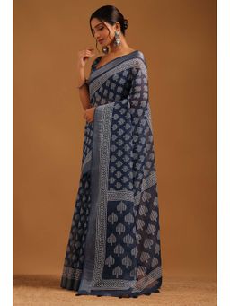 Soch - Womens Blue Linen Saree With Unstitched Blouse