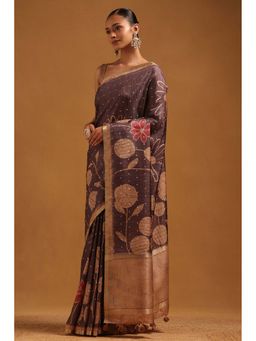 Soch - Womens Charcoal Tusshar Saree With Unstitched Blouse