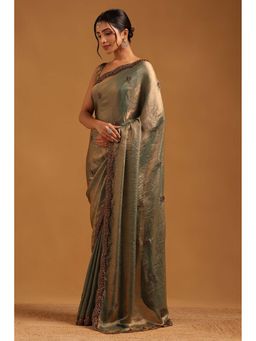 Soch - Womens Teal Fendy Organza Saree With Unstitched Blouse