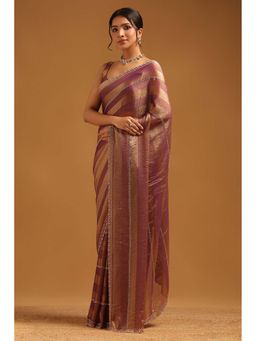 Soch - Womens Purple Fendy Chiffon Stripes Print Saree With Unstitched Blouse
