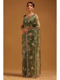 Soch - Womens Green Organza Saree With Unstitched Blouse