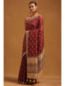 Soch - Womens Maroon Tusshar Saree With Unstitched Blouse
