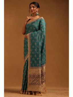 Soch - Womens Teal Tusshar Saree With Unstitched Blouse