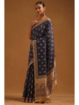 Soch - Womens Navy Blue Tusshar Saree With Unstitched Blouse