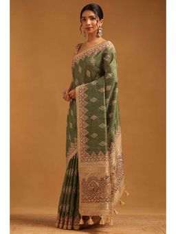 Soch - Womens Olive Tusshar Saree With Unstitched Blouse