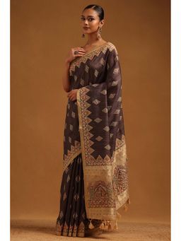 Soch - Womens Charcoal Tusshar Saree With Unstitched Blouse