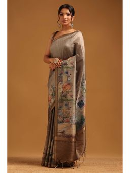 Soch - Womens Olive Tusshar Saree With Unstitched Blouse
