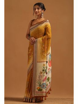 Soch - Womens Gold Poly Viscose Bandhani Saree With Unstitched Blouse
