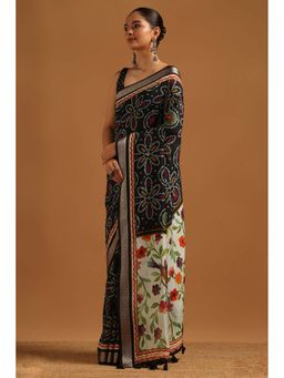 Soch - Womens Black Poly Viscose Floral Print Saree With Unstitched Blouse