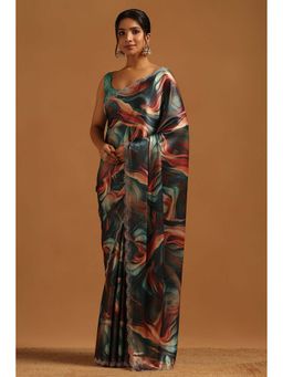 Soch - Womens Olive Satin Saree With Unstitched Blouse