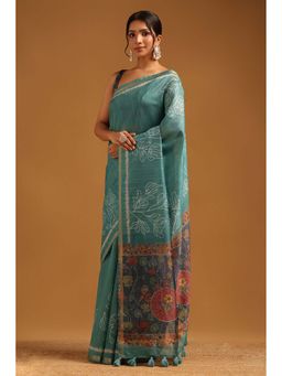 Soch - Womens Light Teal Tusshar Saree With Unstitched Blouse