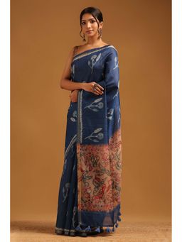 Soch - Womens Navy Blue Tusshar Saree With Unstitched Blouse