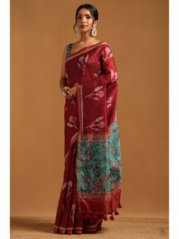 Soch - Womens Maroon Tusshar Saree With Unstitched Blouse