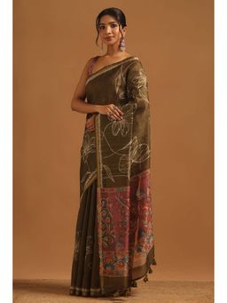 Soch - Womens Olive Tusshar Saree With Unstitched Blouse