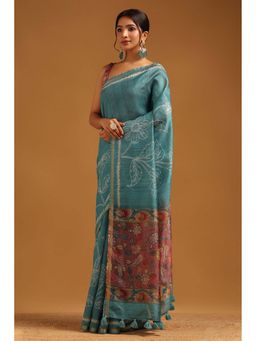 Soch - Womens Turquoise Blue Tusshar Saree With Unstitched Blouse
